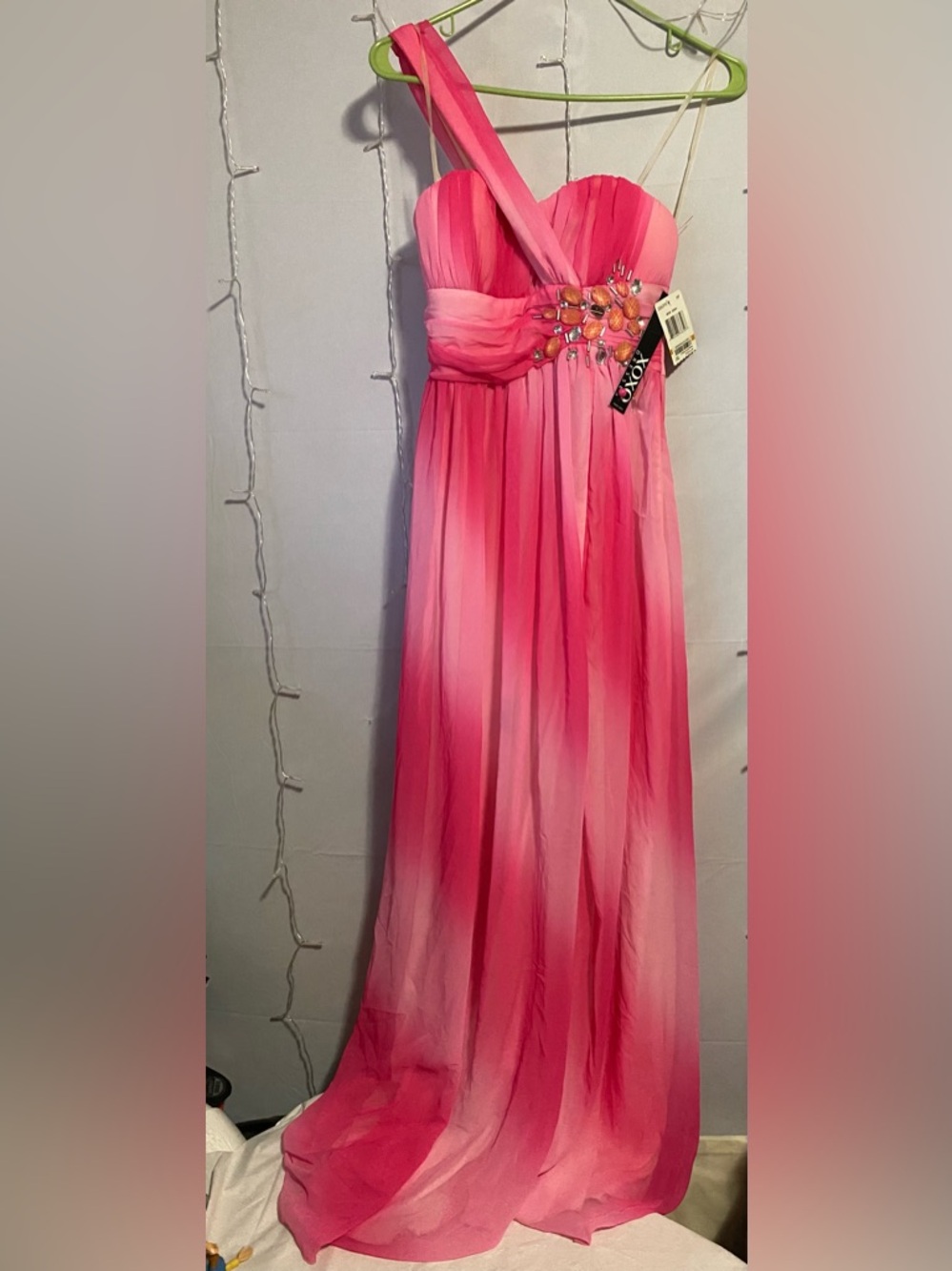 XOXO Hot Pink to Light Pink Ombre One-Shoulder Maxi Skirt with Beaded Waist